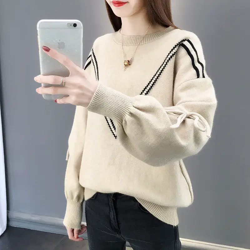 Women Yellow Bow Sweet Lace-up Long Sleeve Crewneck Sweater