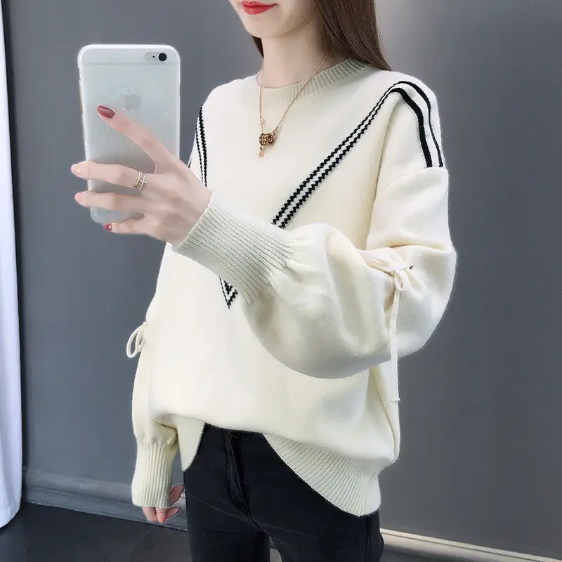 Women Yellow Bow Sweet Lace-up Long Sleeve Crewneck Sweater