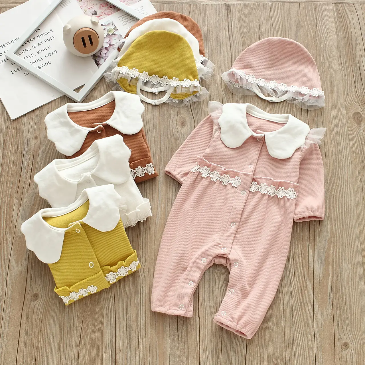 Baby Yellow Cotton Jumpsuit with Lace Hat - Image 6