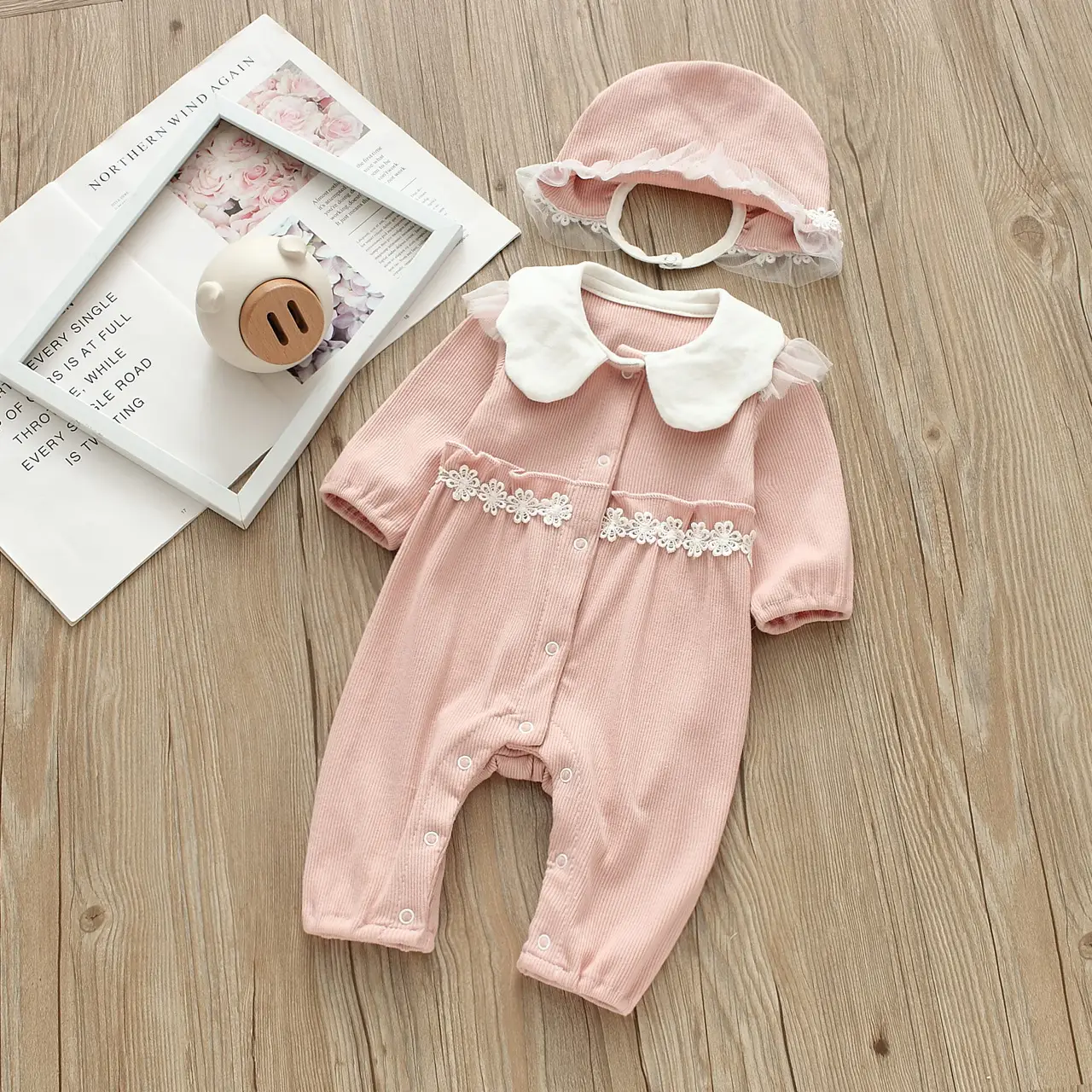 Baby Yellow Cotton Jumpsuit with Lace Hat - Image 3