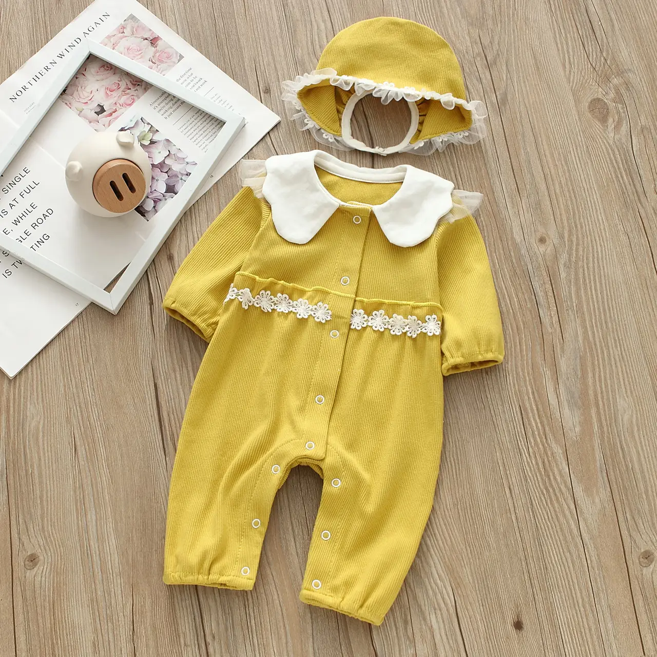 Baby Yellow Cotton Jumpsuit with Lace Hat - Image 7