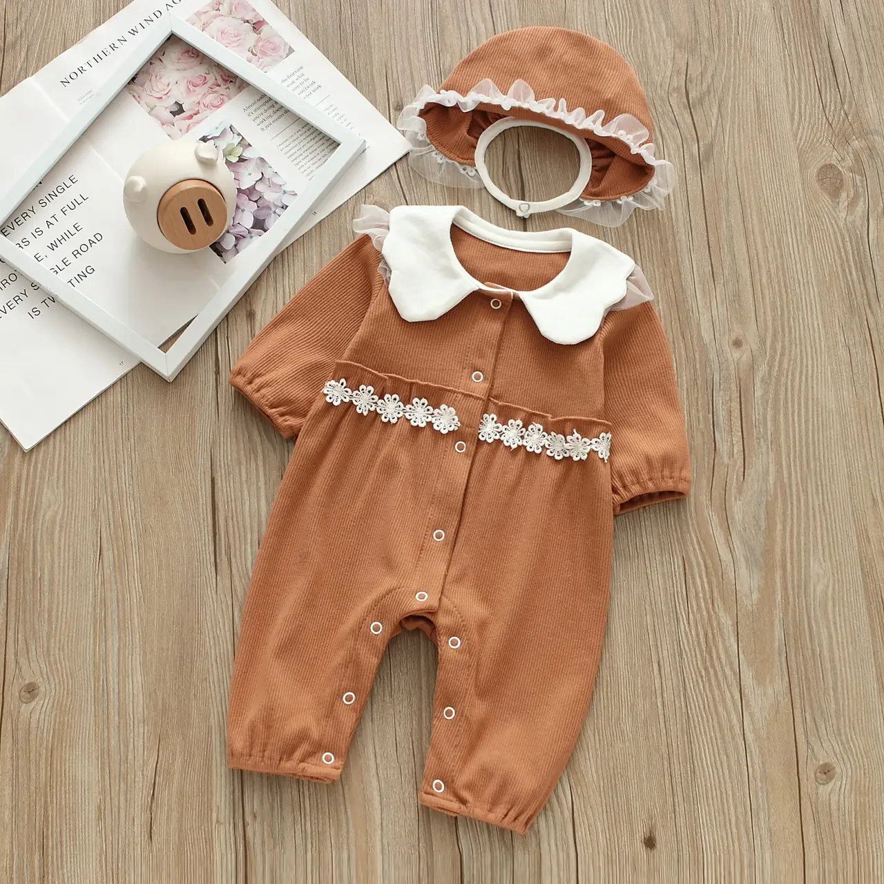 Baby Yellow Cotton Jumpsuit with Lace Hat - Image 4
