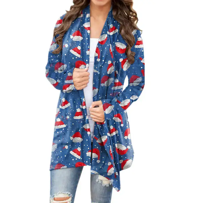 Women's 2021 Christmas Printed Long Sleeve Cardigan Black - Image 11