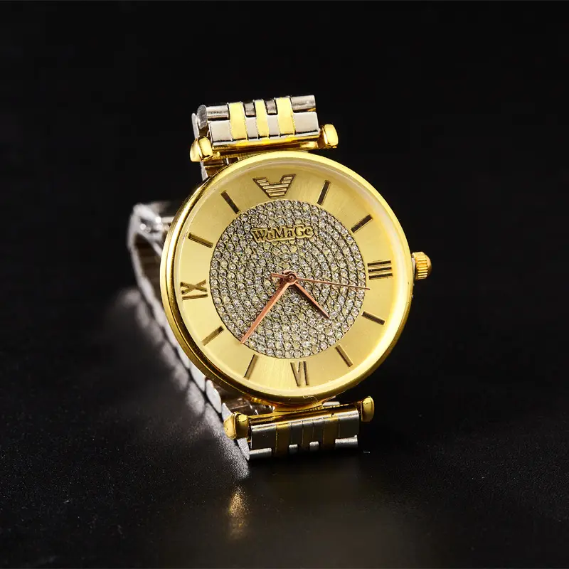 WOMAGE Gold Rhinestone Quartz Watch with Steel Band
