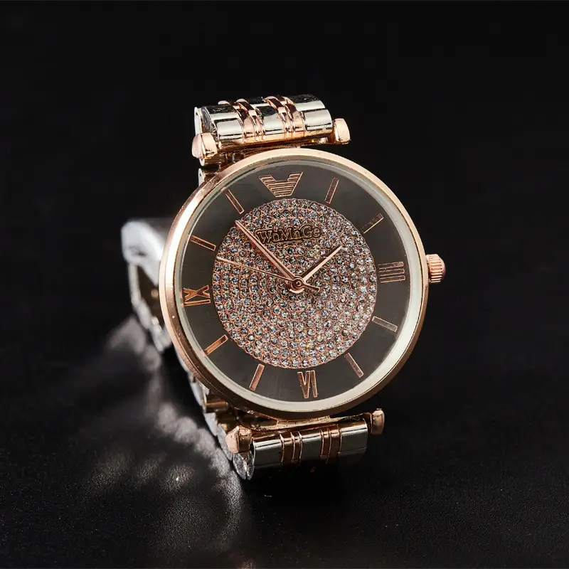 WOMAGE Gold Rhinestone Quartz Watch with Steel Band