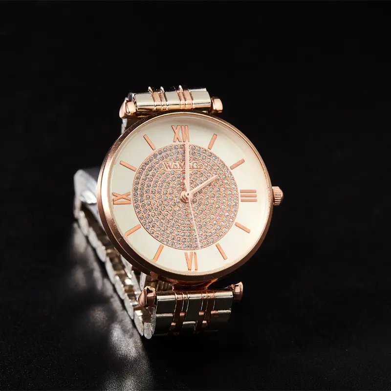 WOMAGE Gold Rhinestone Quartz Watch with Steel Band