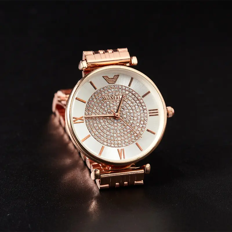 WOMAGE Gold Rhinestone Quartz Watch with Steel Band