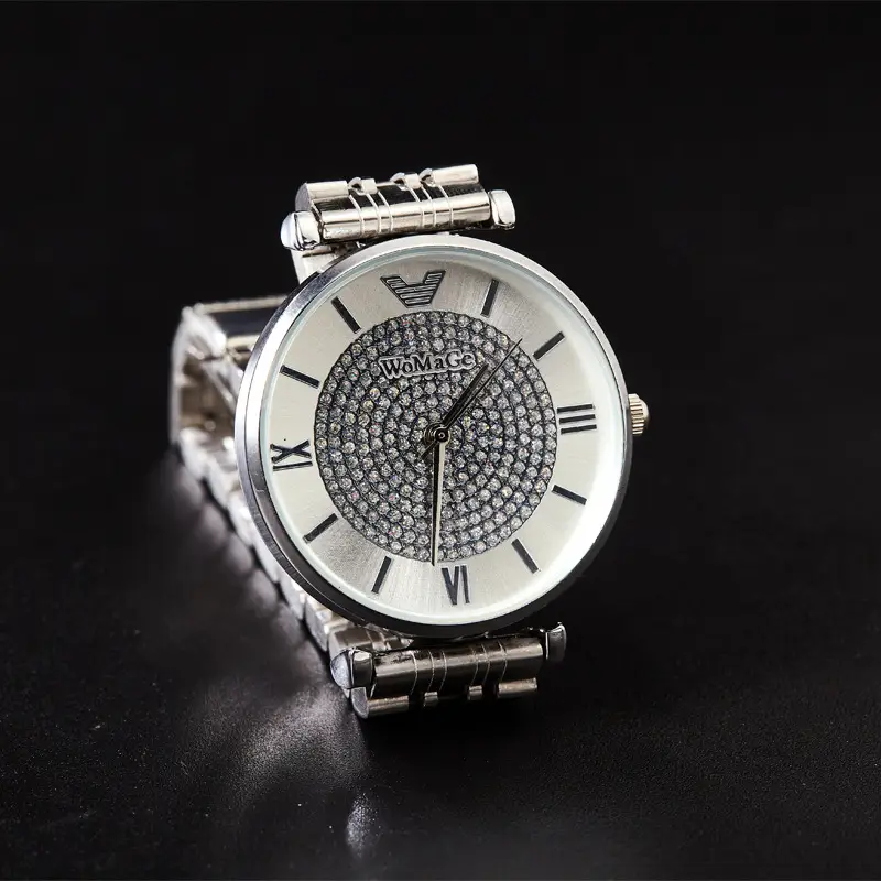 WOMAGE Gold Rhinestone Quartz Watch with Steel Band