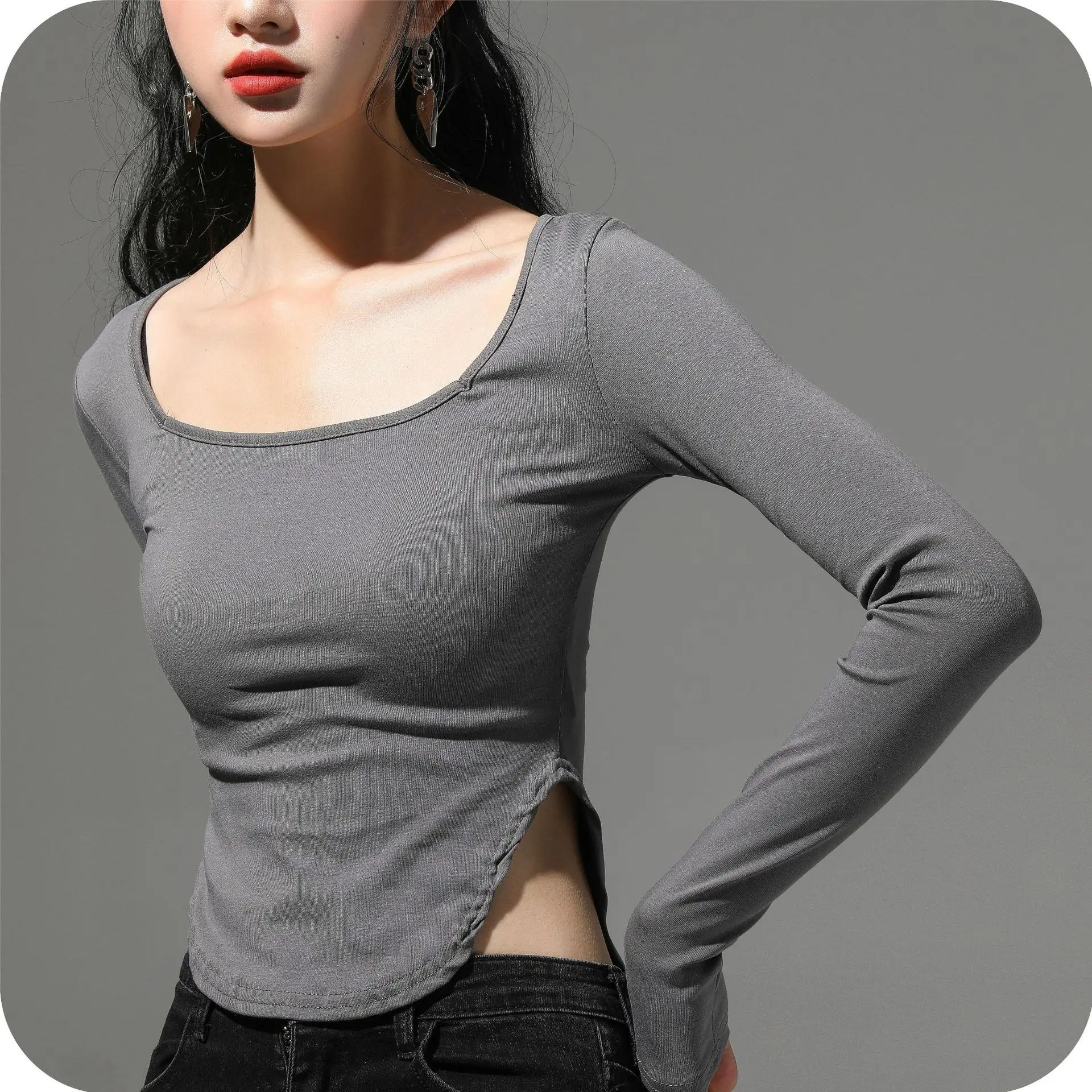 Women's Gray Slim Fit Round Neck T-Shirt - Image 8