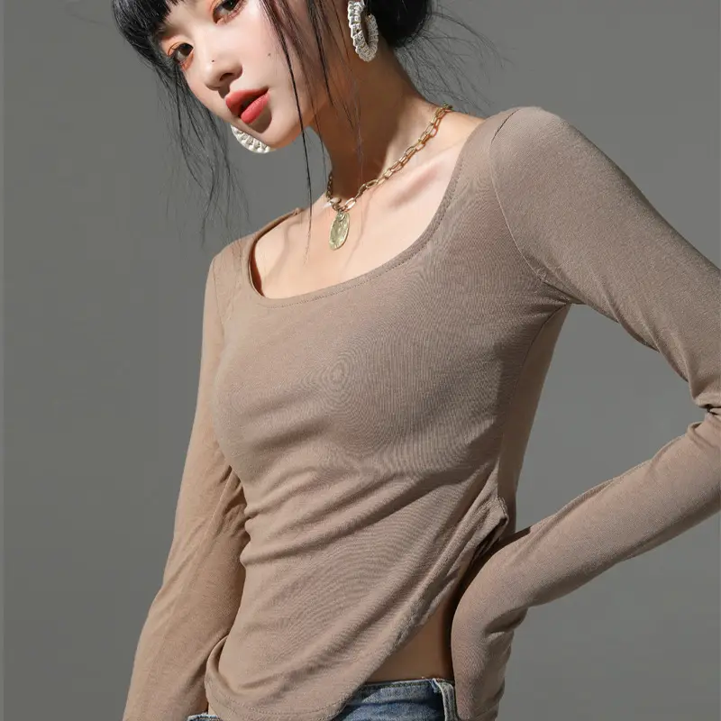 Women's Gray Slim Fit Round Neck T-Shirt - Image 3