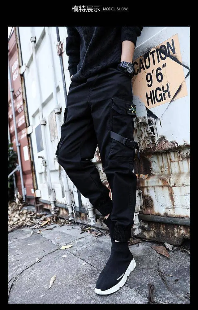 Men's Multi-Flap Cargo Pants Black Grey Korean Style — feature 18
