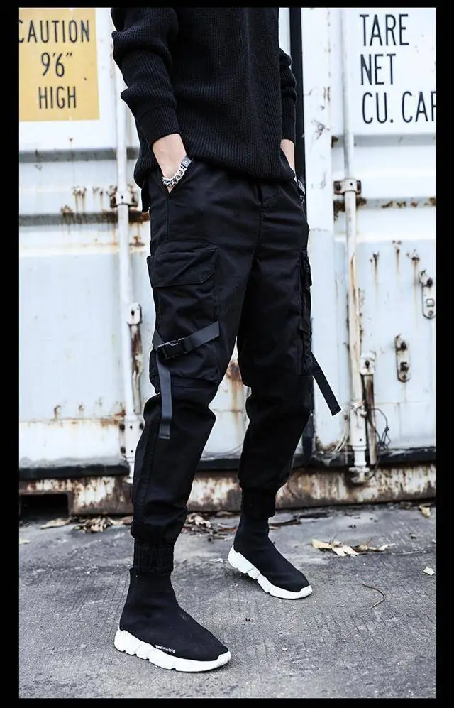 Men's Multi-Flap Cargo Pants Black Grey Korean Style — feature 19