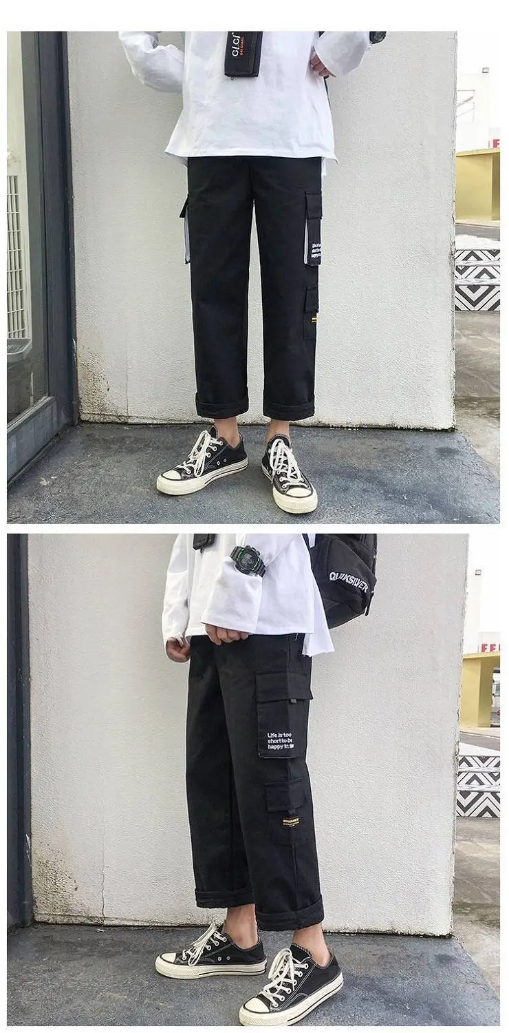 Men's Multi-Flap Cargo Pants Black Grey Korean Style — feature 21
