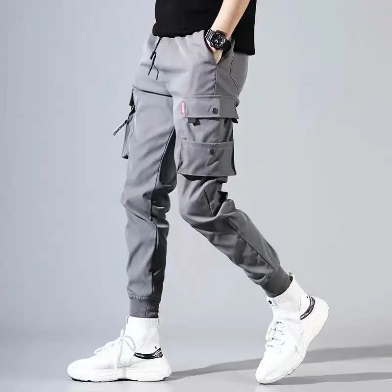 Men's Multi-Flap Cargo Pants Black Grey Korean Style - Image 3