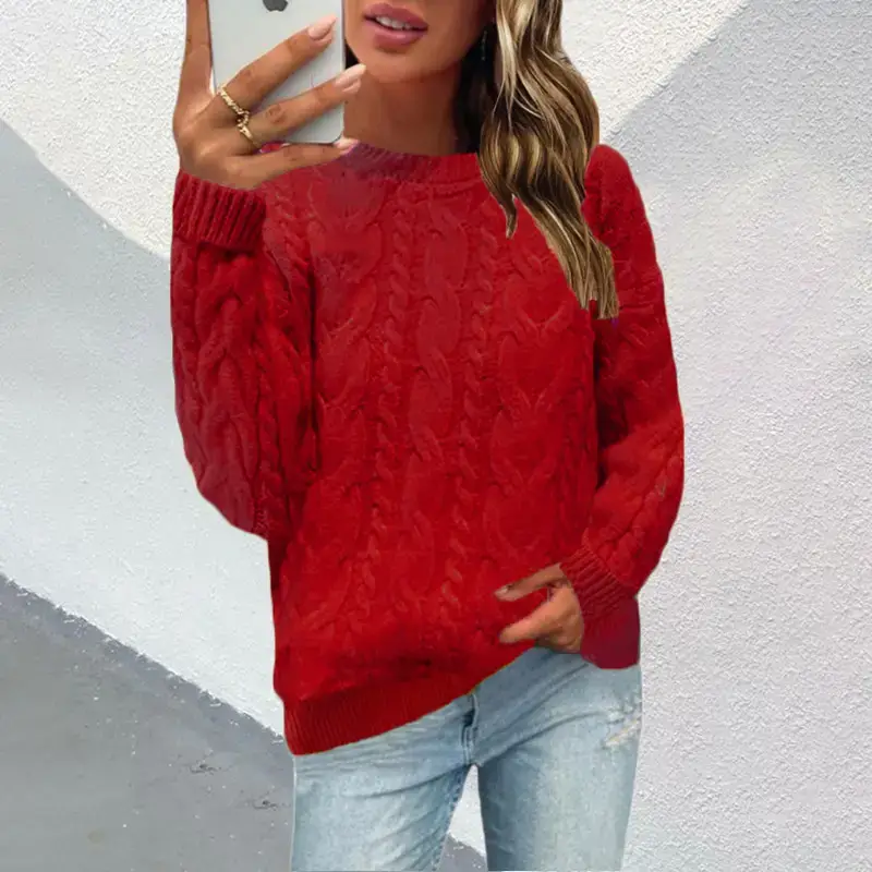 Red Knitted Round Neck Long Sleeve Sweater for Women