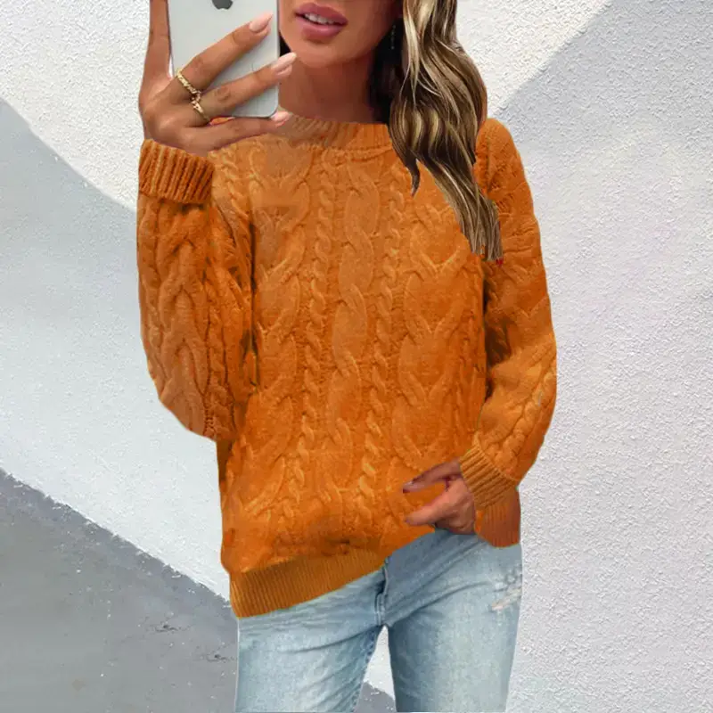 Red Knitted Round Neck Long Sleeve Sweater for Women