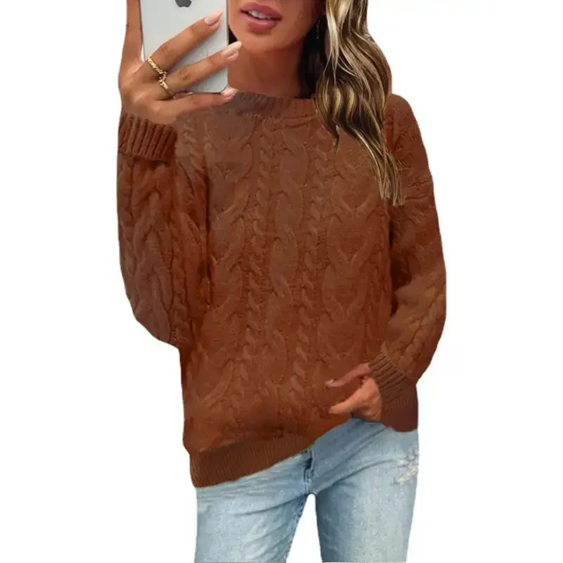 Red Knitted Round Neck Long Sleeve Sweater for Women