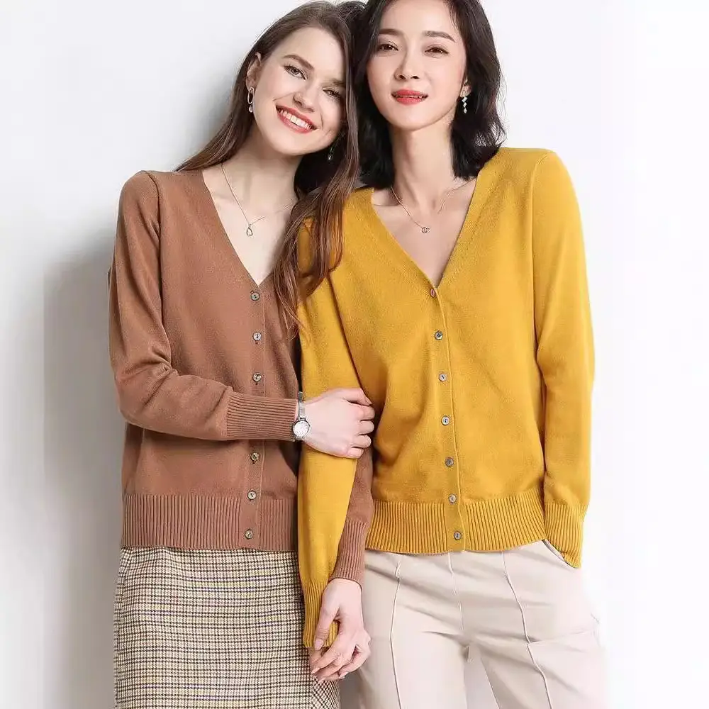 Women V Neck Wool Cardigan Short Knitted Sweater