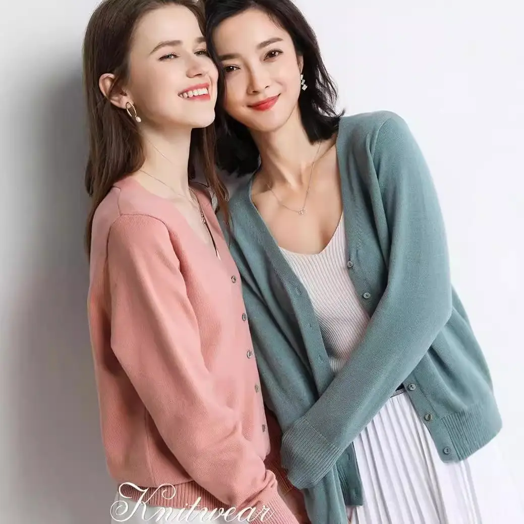 Women V Neck Wool Cardigan Short Knitted Sweater