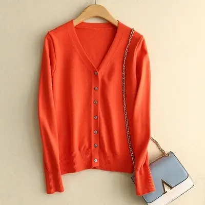 Women V Neck Wool Cardigan Short Knitted Sweater