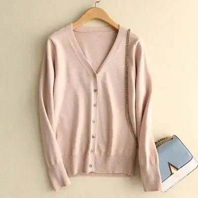 Women V Neck Wool Cardigan Short Knitted Sweater