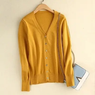 Women V Neck Wool Cardigan Short Knitted Sweater