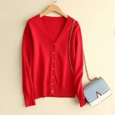 Women V Neck Wool Cardigan Short Knitted Sweater