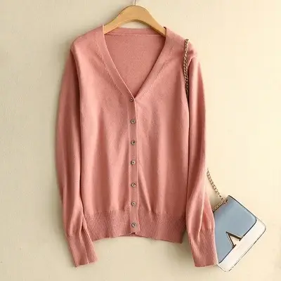 Women V Neck Wool Cardigan Short Knitted Sweater