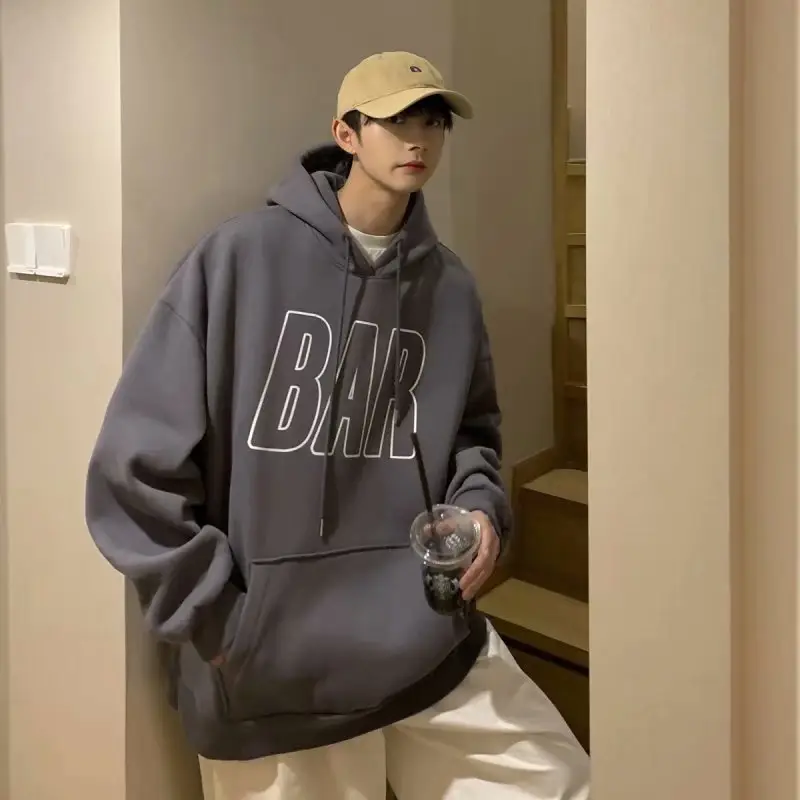 Men Grey Fleece Hoodie with BAR Print Large - Image 2