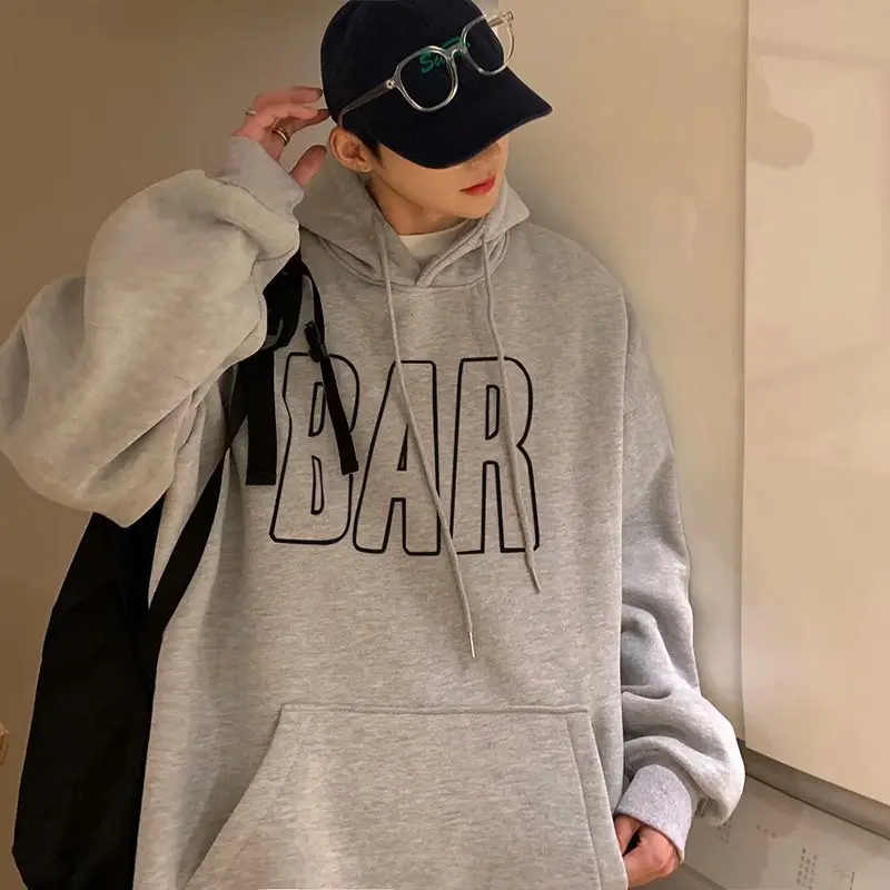Men Grey Fleece Hoodie with BAR Print Large - Image 3