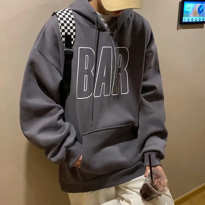 Men Grey Fleece Hoodie with BAR Print Large - Image 5