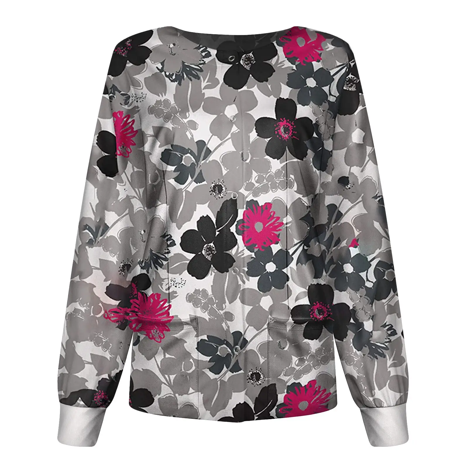 2021 Floral Nurse Top Women Round Neck Long Sleeve - Image 9
