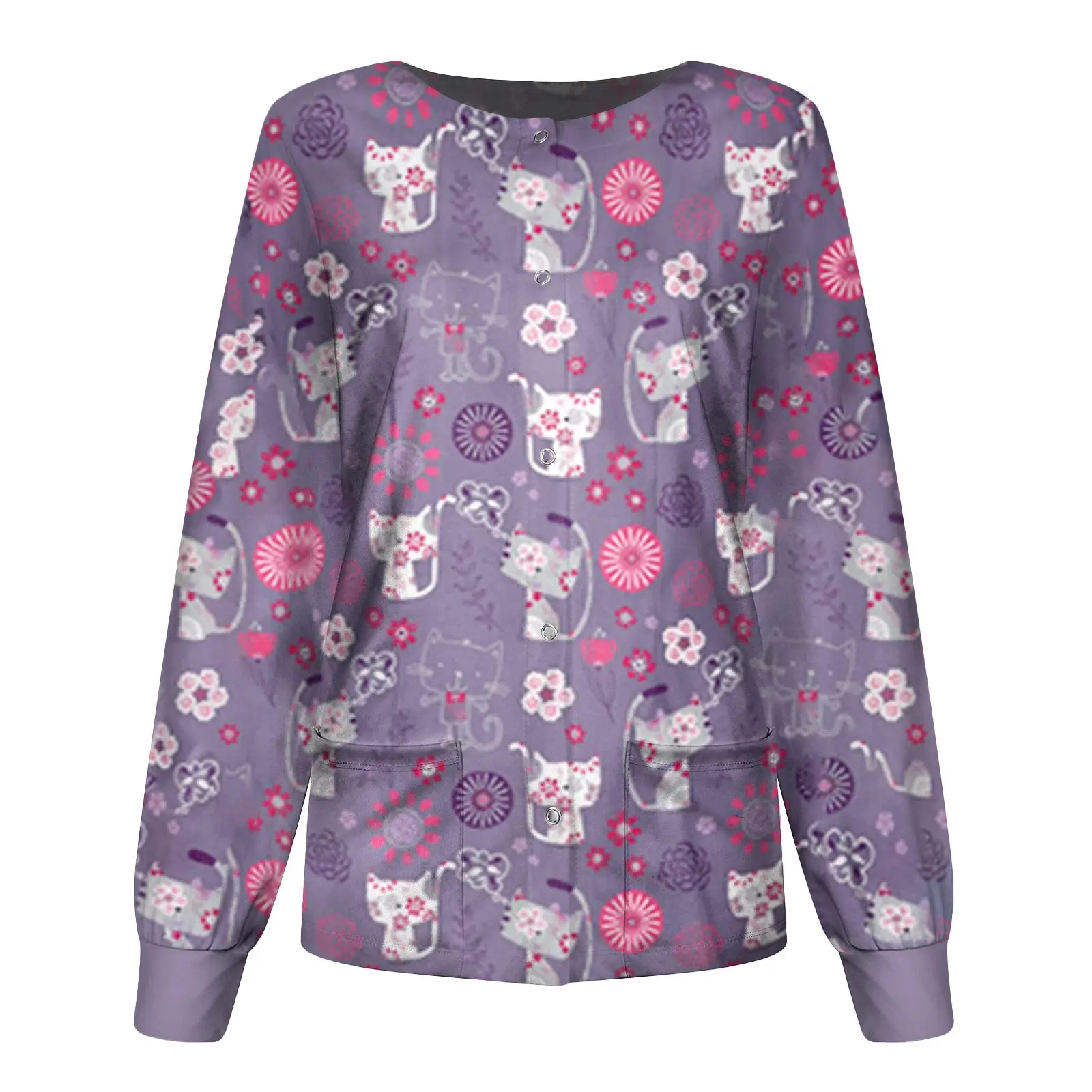 2021 Floral Nurse Top Women Round Neck Long Sleeve - Image 10