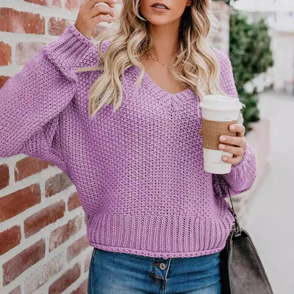 Women's V-Neck Loose Sweater Purple 2024
