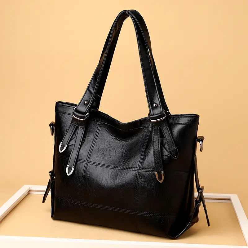 Black PU Leather Shoulder Bag Large Capacity Water-Repellent