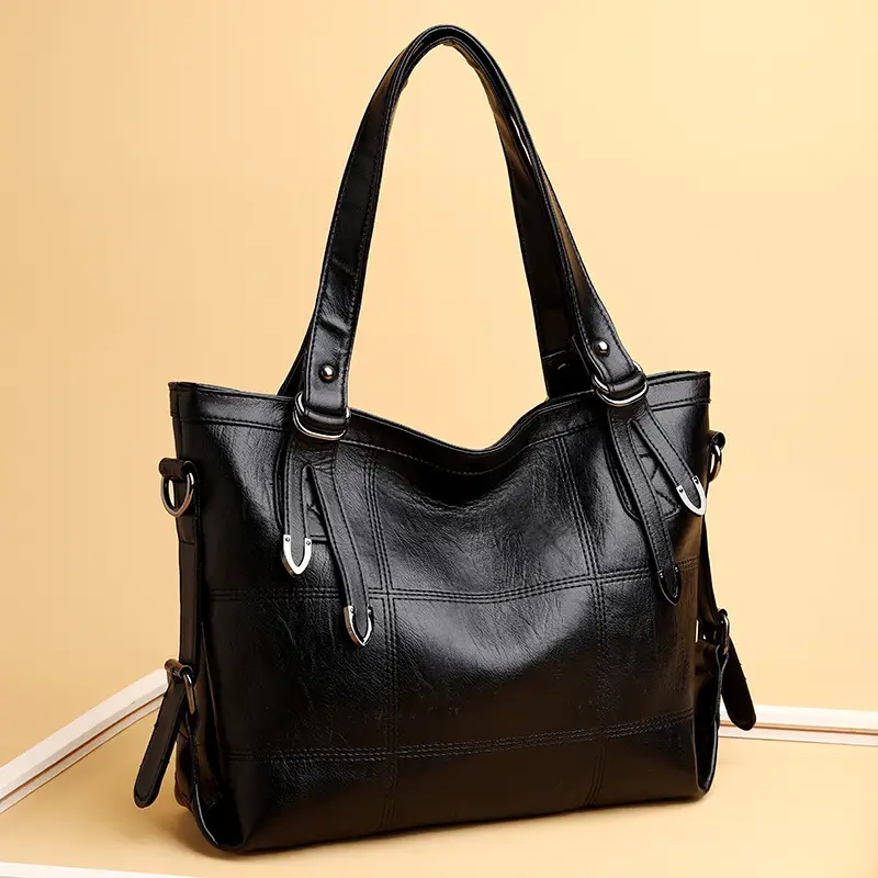 Black PU Leather Shoulder Bag Large Capacity Water-Repellent