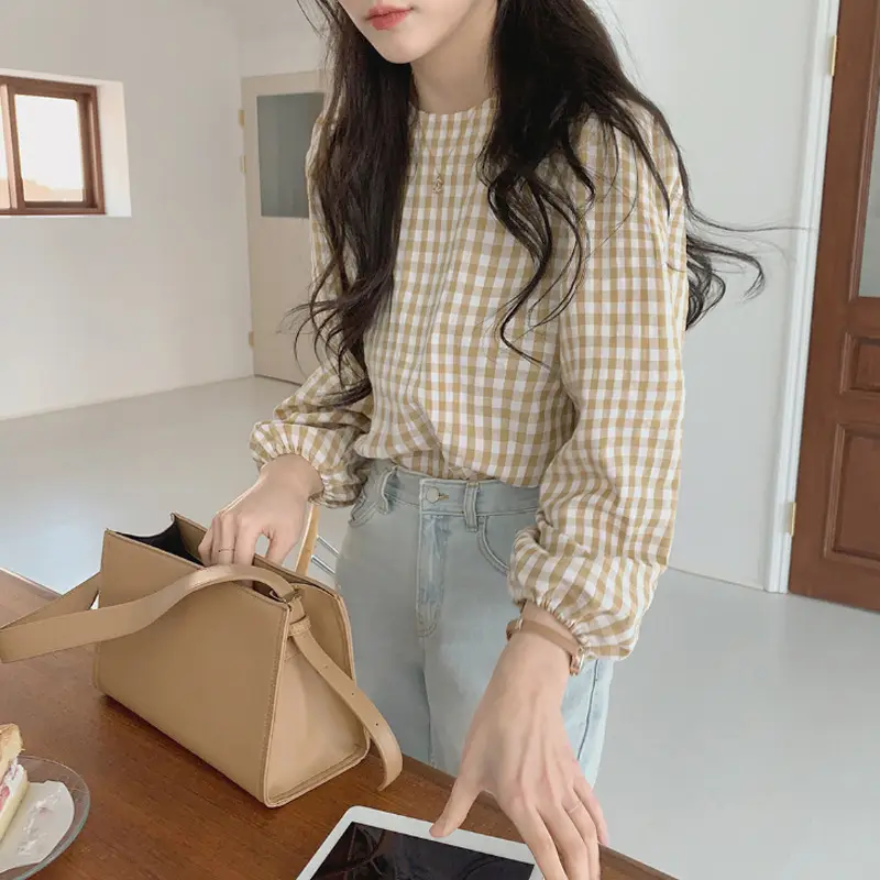Women Plaid Long Sleeve Top Black Skirt Set