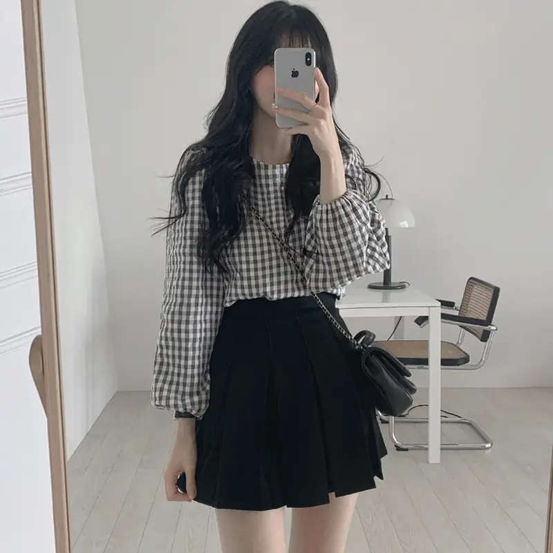 Women Plaid Long Sleeve Top Black Skirt Set