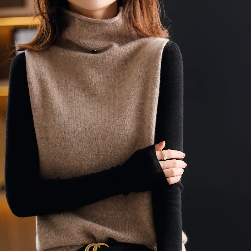 Women Cashmere Sleeveless Vest High Neck Buttoned Wool Knit - Image 5