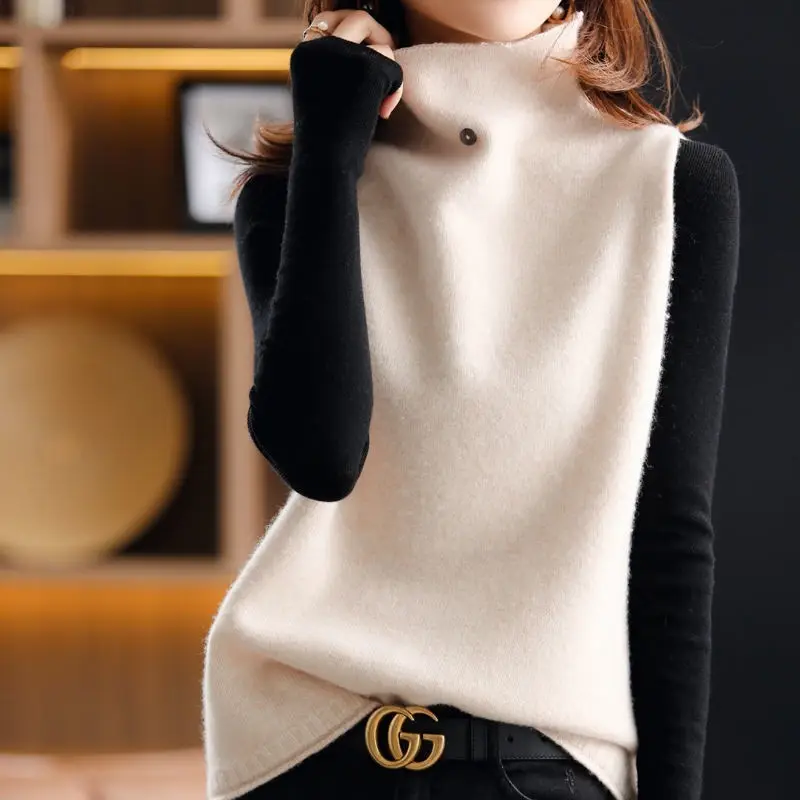 Women Cashmere Sleeveless Vest High Neck Buttoned Wool Knit - Image 7