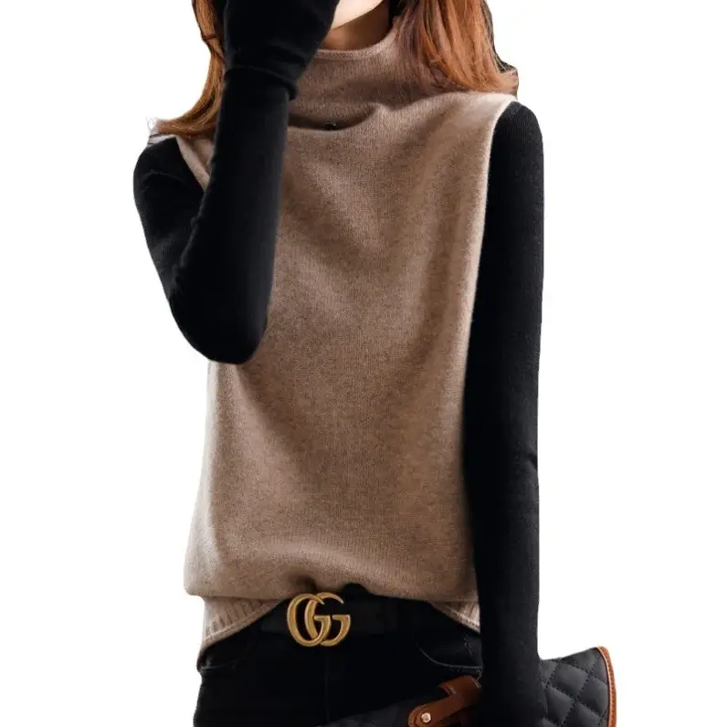 Women Cashmere Sleeveless Vest High Neck Buttoned Wool Knit - Image 8