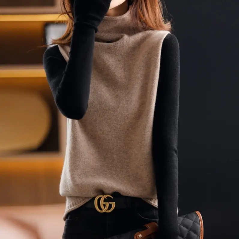 Women Cashmere Sleeveless Vest High Neck Buttoned Wool Knit - Image 2
