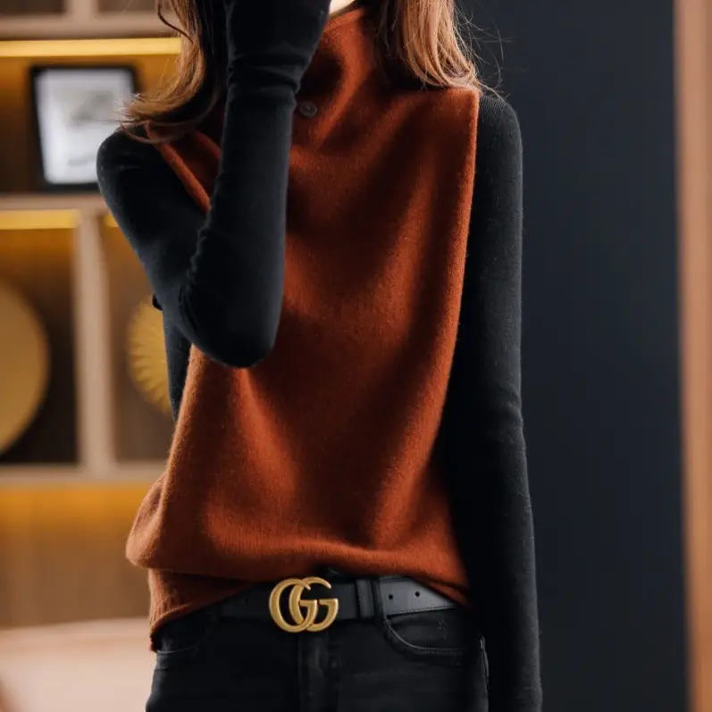 Women Cashmere Sleeveless Vest High Neck Buttoned Wool Knit - Image 3