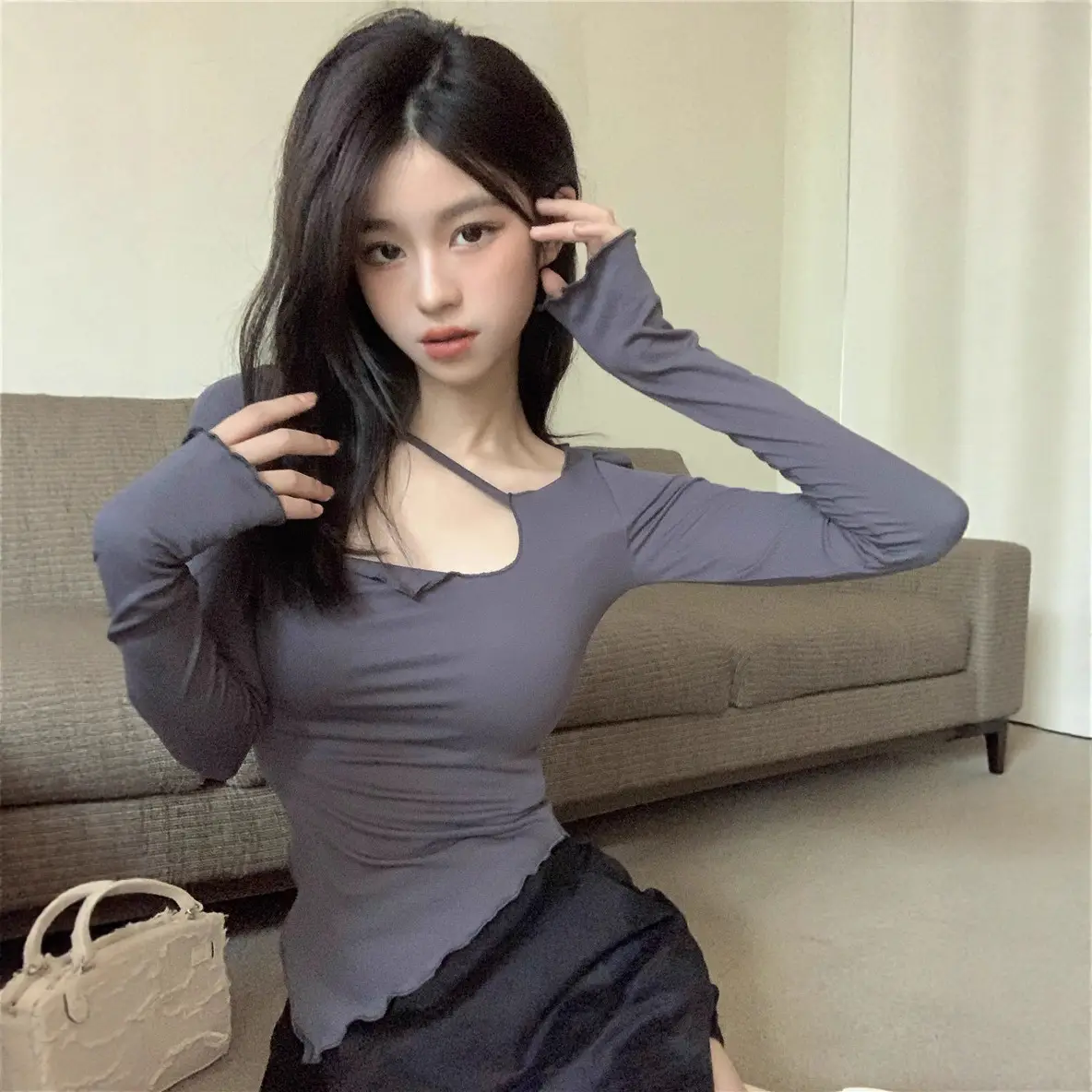 Women Irregular Slim Fit Long Sleeve Grey T-Shirt 2025