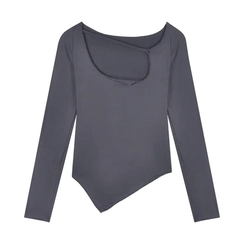 Women Irregular Slim Fit Long Sleeve Grey T-Shirt 2025