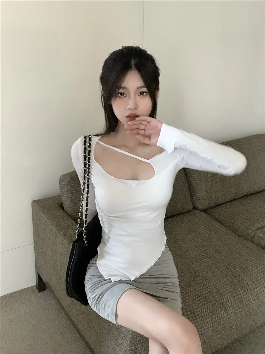 Women Irregular Slim Fit Long Sleeve Grey T-Shirt 2025 — feature 15