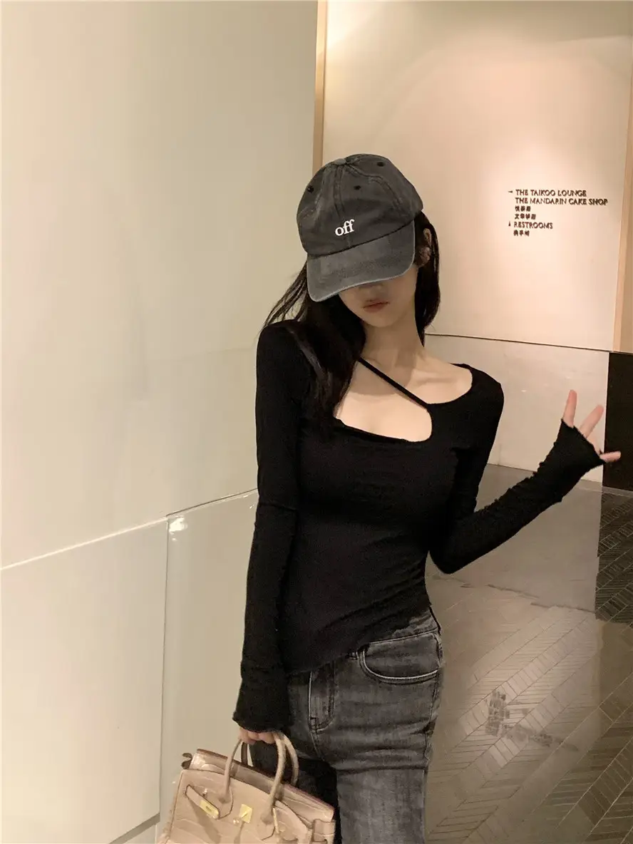 Women Irregular Slim Fit Long Sleeve Grey T-Shirt 2025 — feature 22