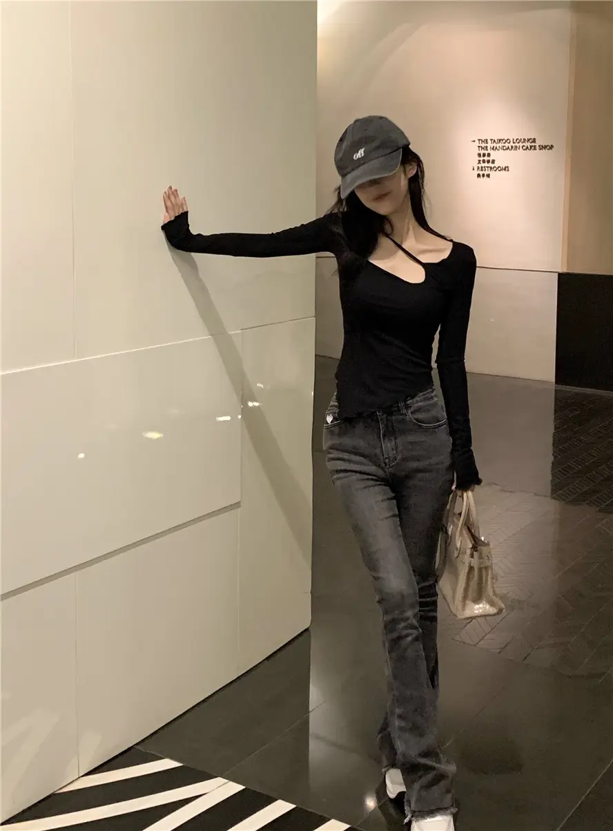Women Irregular Slim Fit Long Sleeve Grey T-Shirt 2025 — feature 24