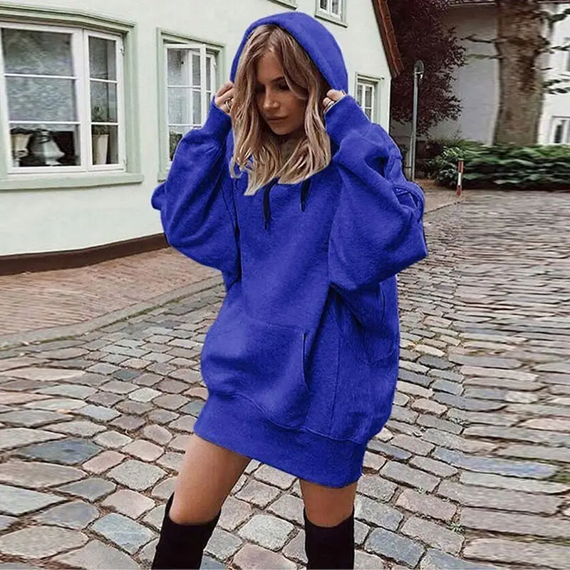 Women's Royal Blue Hooded Sweatshirt Set Loose Fleece Winter - Image 4