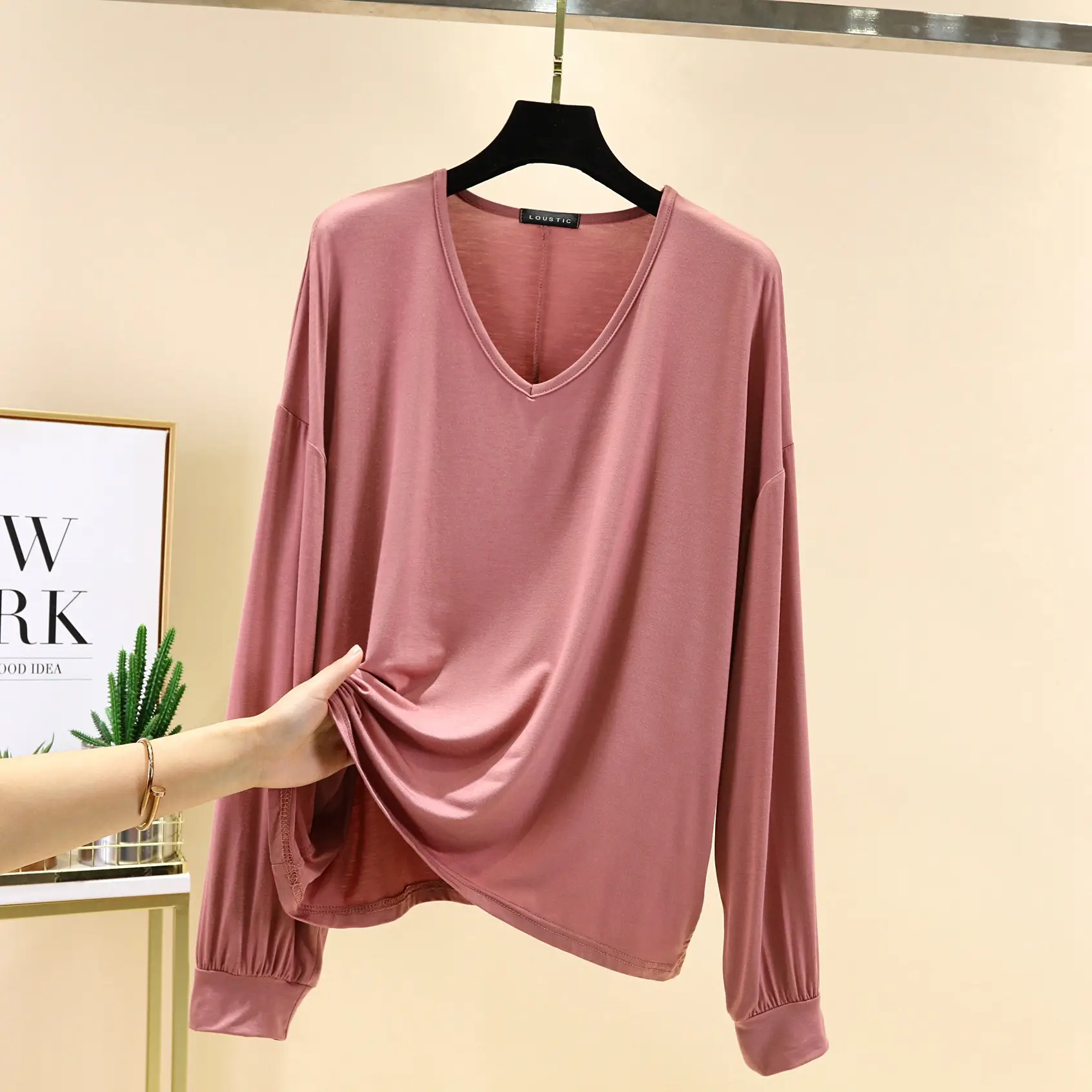Women Loose V Neck Modal T-Shirt Large